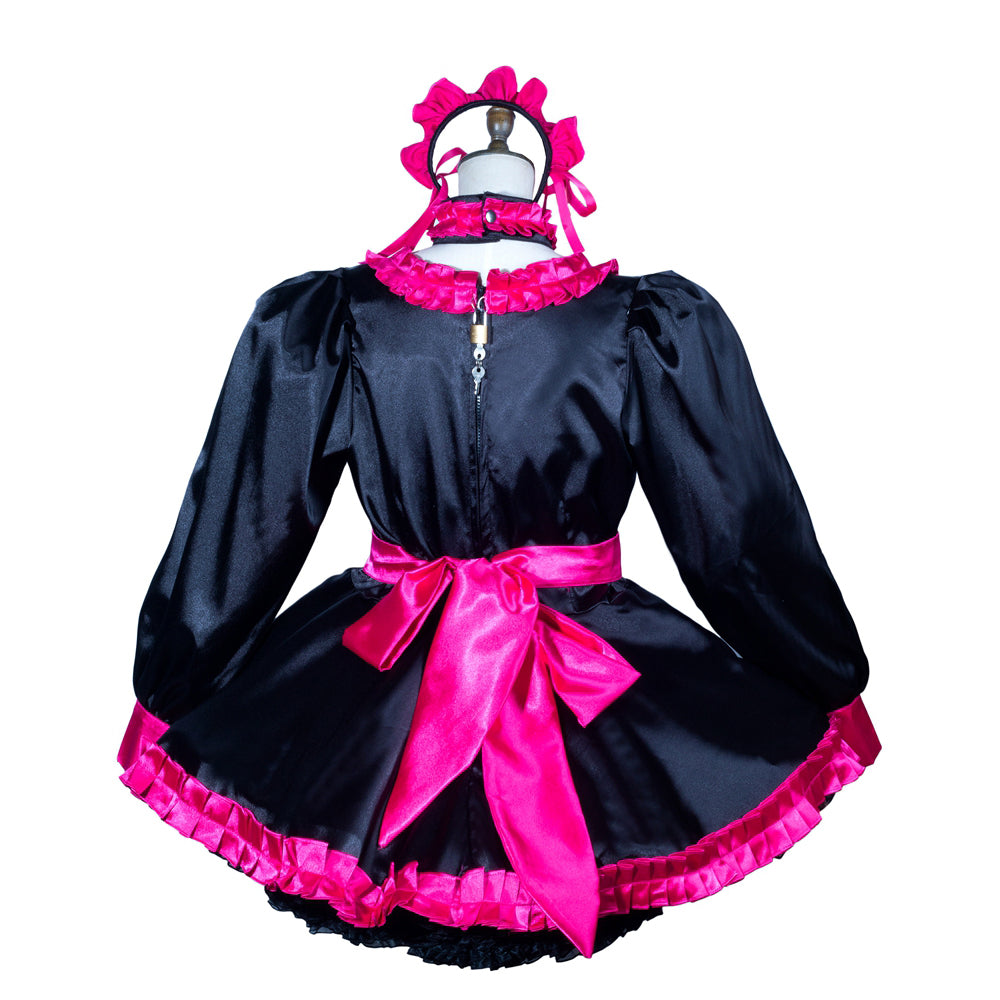 Black sissy maid dress with pink ruffles, bow, and lockable front zipper, displayed on mannequin
