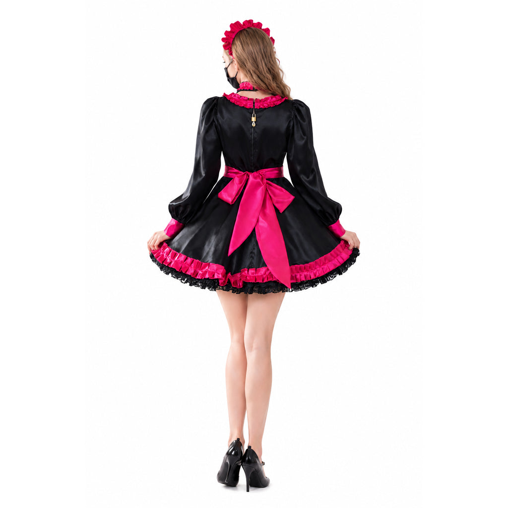 Black and pink sissy maid dress with ruffles, bow, and lock detail, shown from back