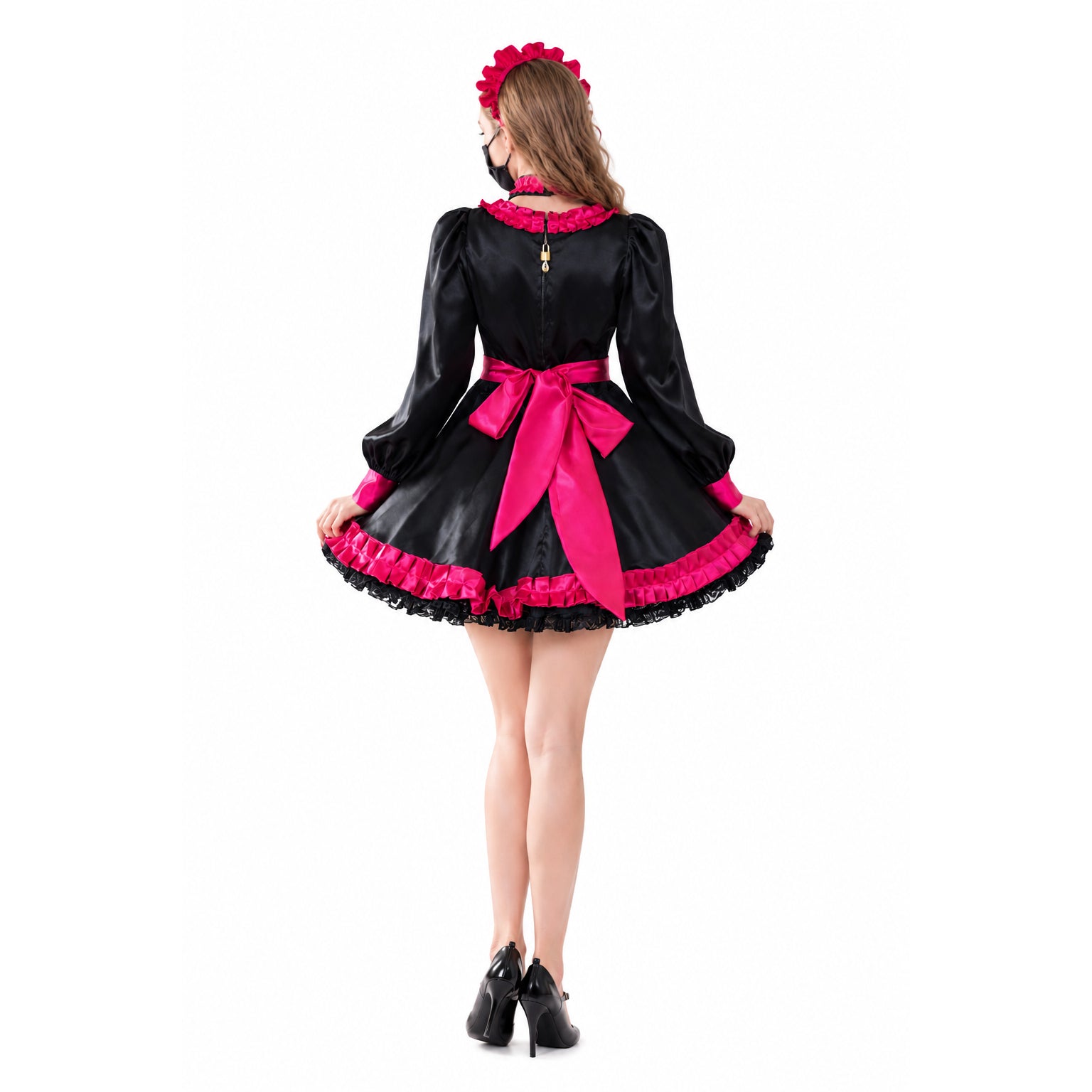 Black and pink sissy maid dress with ruffles, bow, and lock detail, shown from back