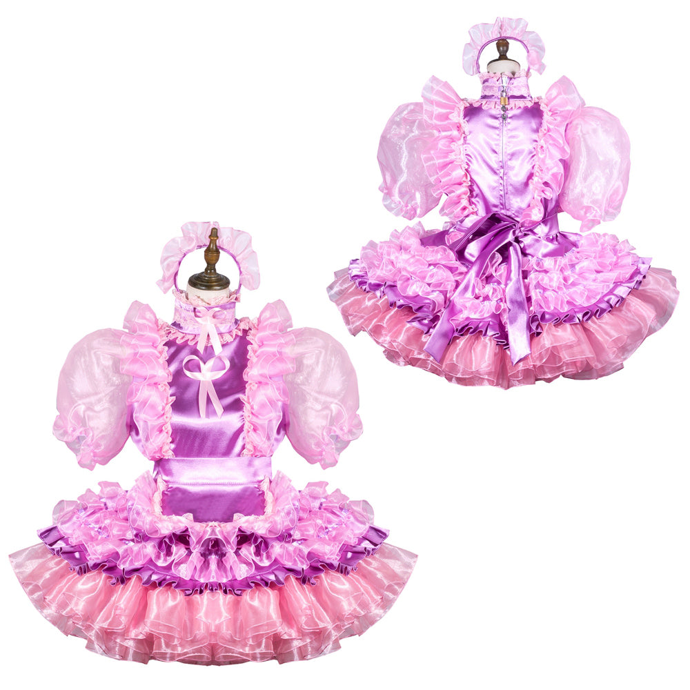 Pink and purple sissy maid dress set with ruffles, puffy sleeves, and matching headband on mannequin