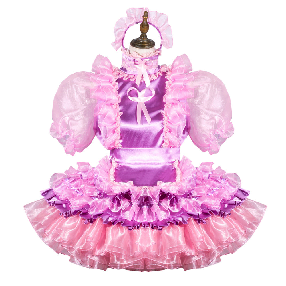 Pink sissy maid dress with ruffles, bow, and matching headband on mannequin