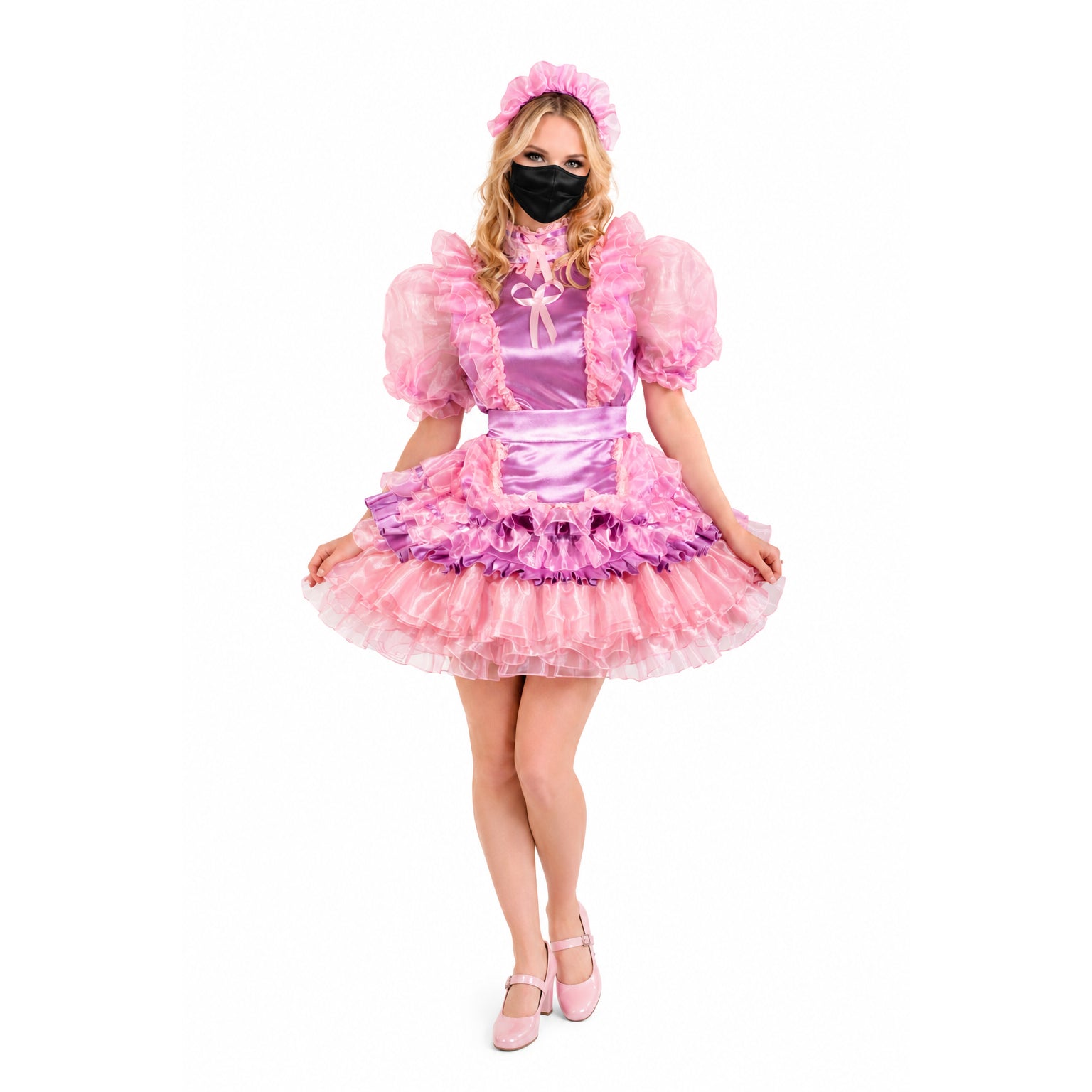 Pink sissy maid dress with ruffles, puff sleeves, and matching headband, styled with heels