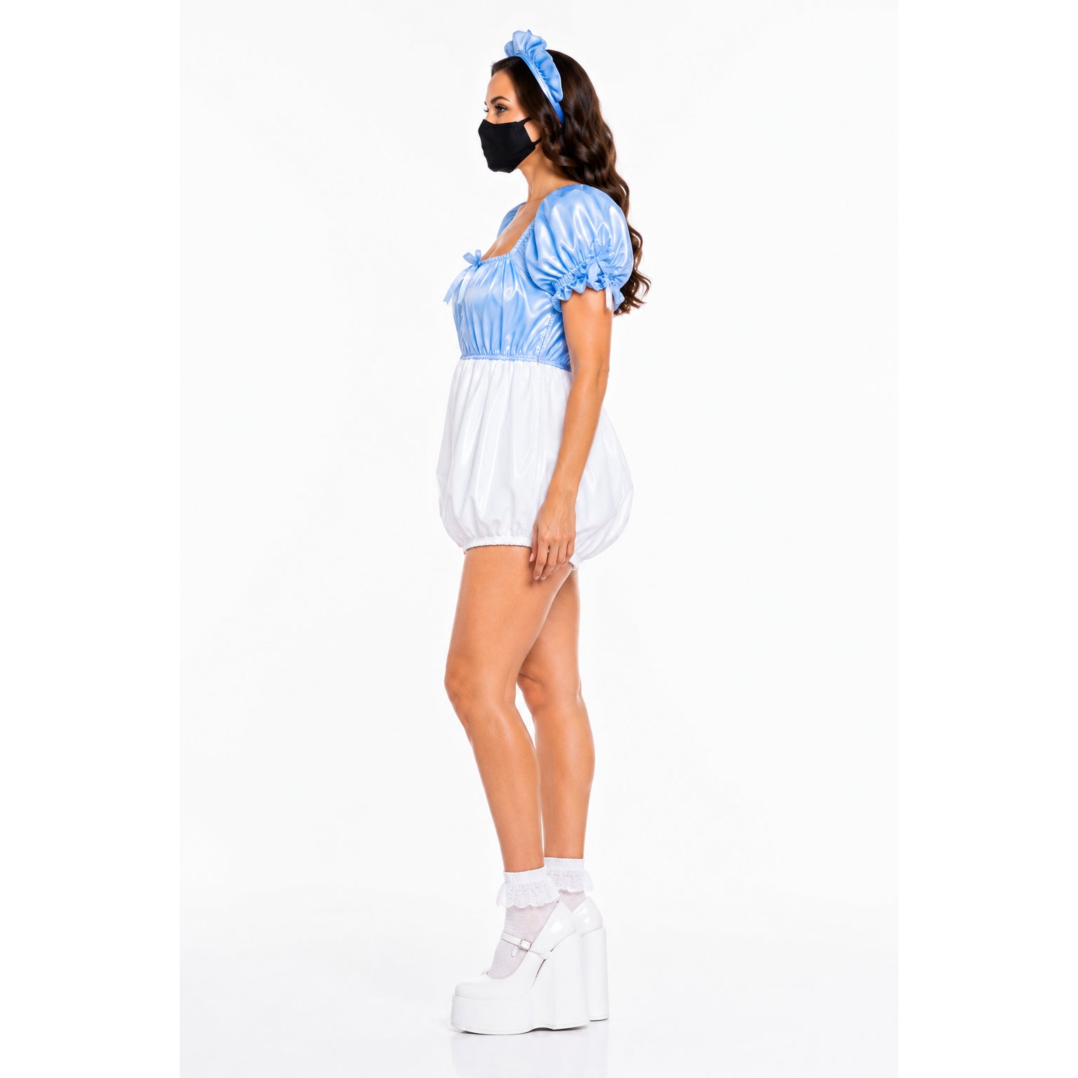 Blue and white sissy maid dress with puffed sleeves, matching headband, and platform heels