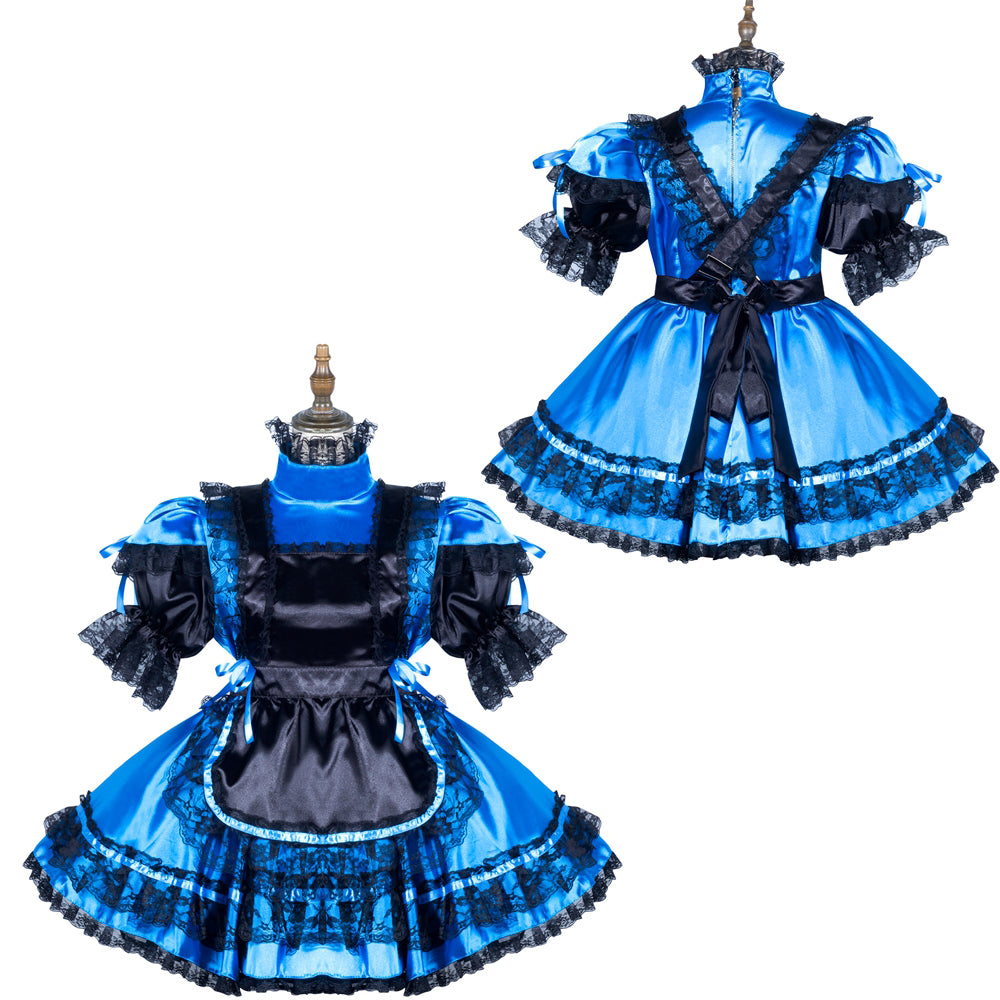 Blue sissy maid dress with black lace trim, satin finish, and ruffled sleeves on mannequin