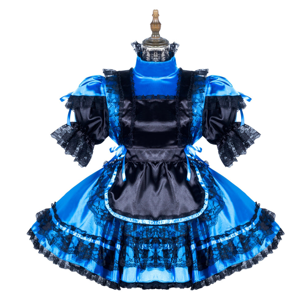 Blue and black sissy maid dress with lace trim and satin finish, displayed on mannequin