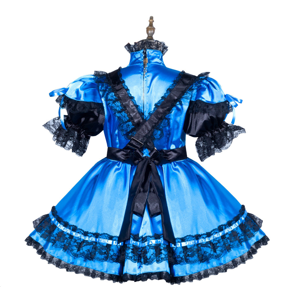 Blue sissy maid dress with black lace trim, satin fabric, and back bow detail on mannequin