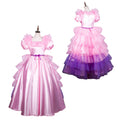 Pink sissy maid dress with ruffles and purple accents, elegant satin and tulle design