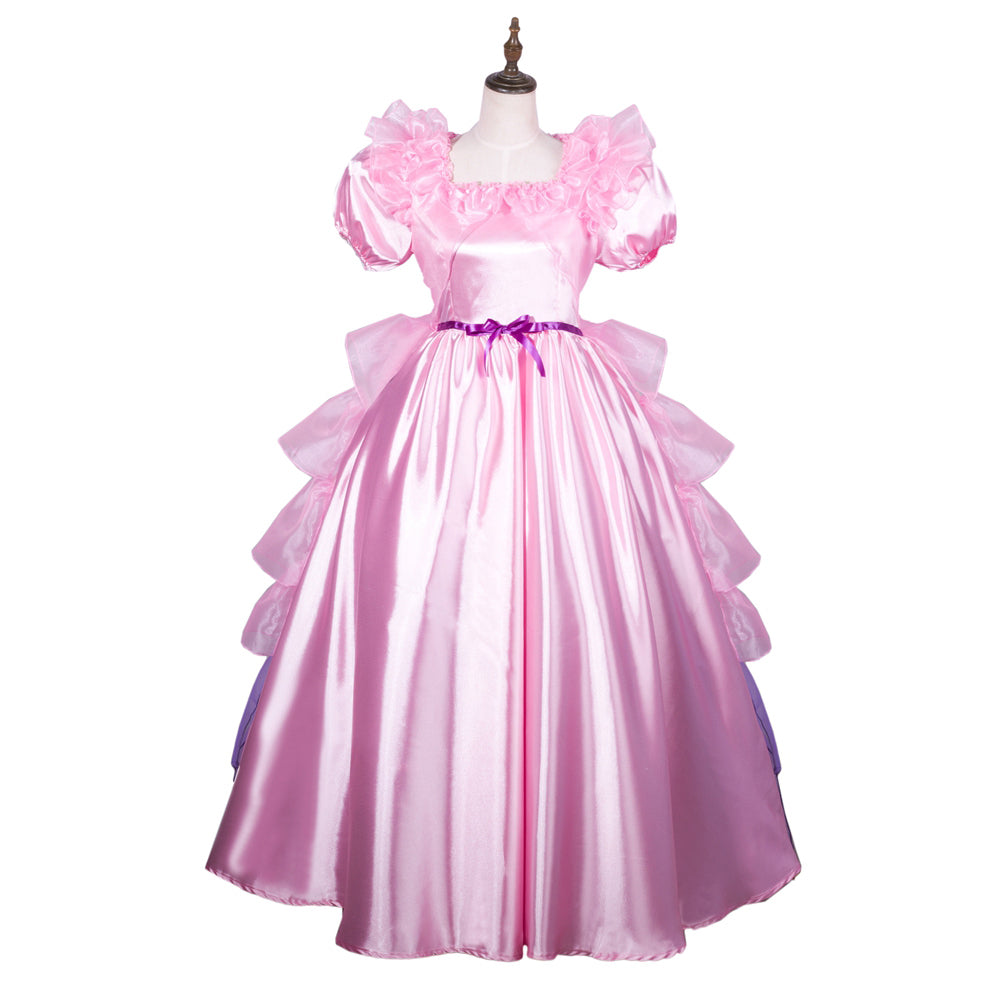 Pink sissy maid dress with ruffled sleeves and purple ribbon waist, displayed on mannequin