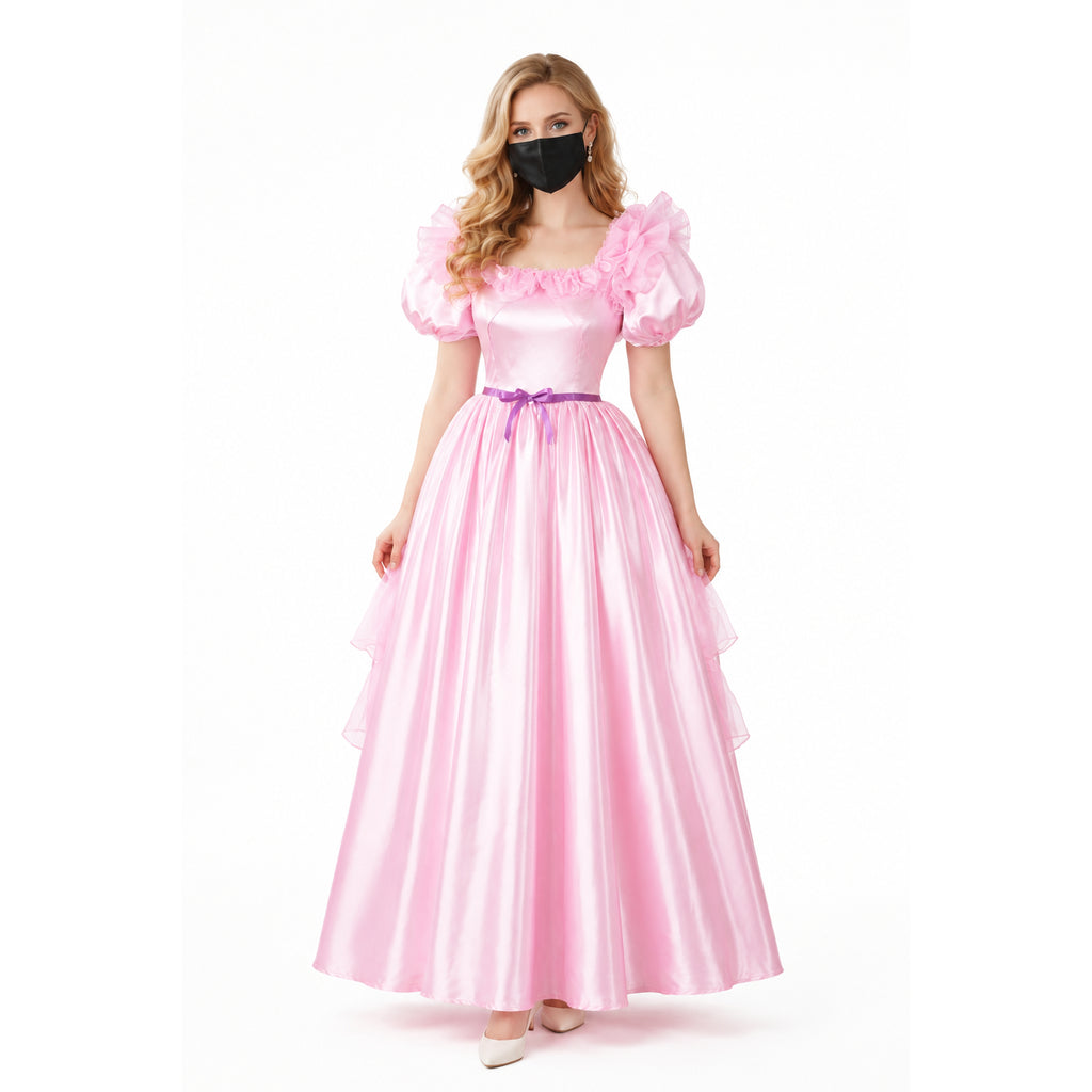 Pink sissy maid dress with ruffled sleeves and purple ribbon waist, elegant satin gown for costume fashion