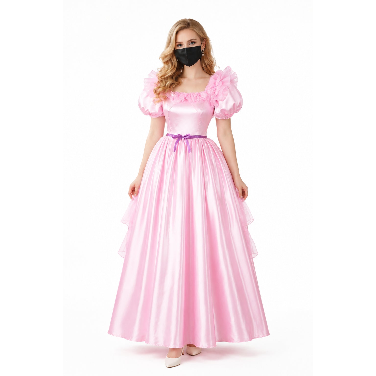 Pink sissy maid dress with ruffled sleeves and purple ribbon waist, elegant satin gown for costume fashion