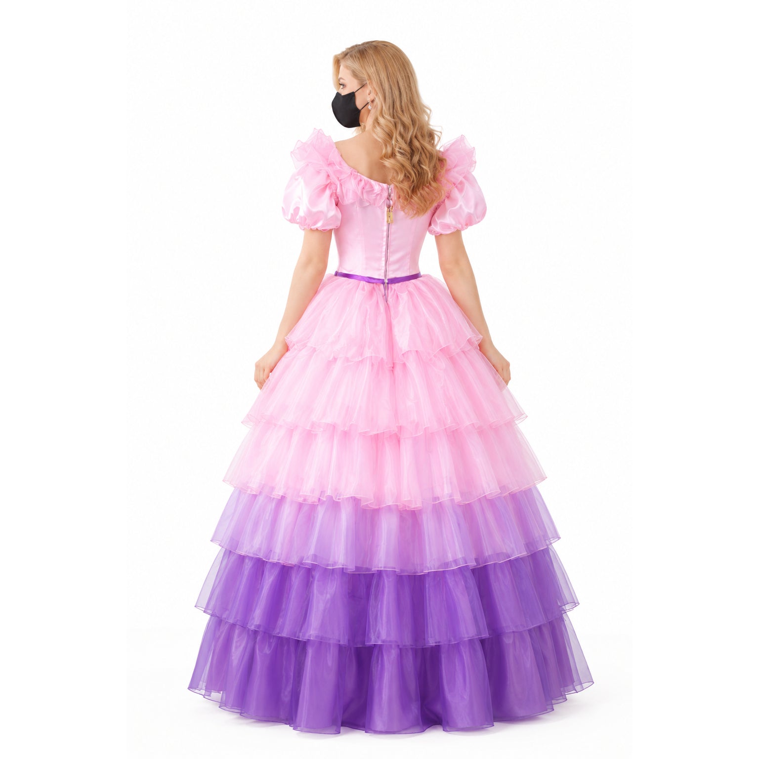 Pink and purple tiered sissy maid dress with ruffled sleeves and lockable back