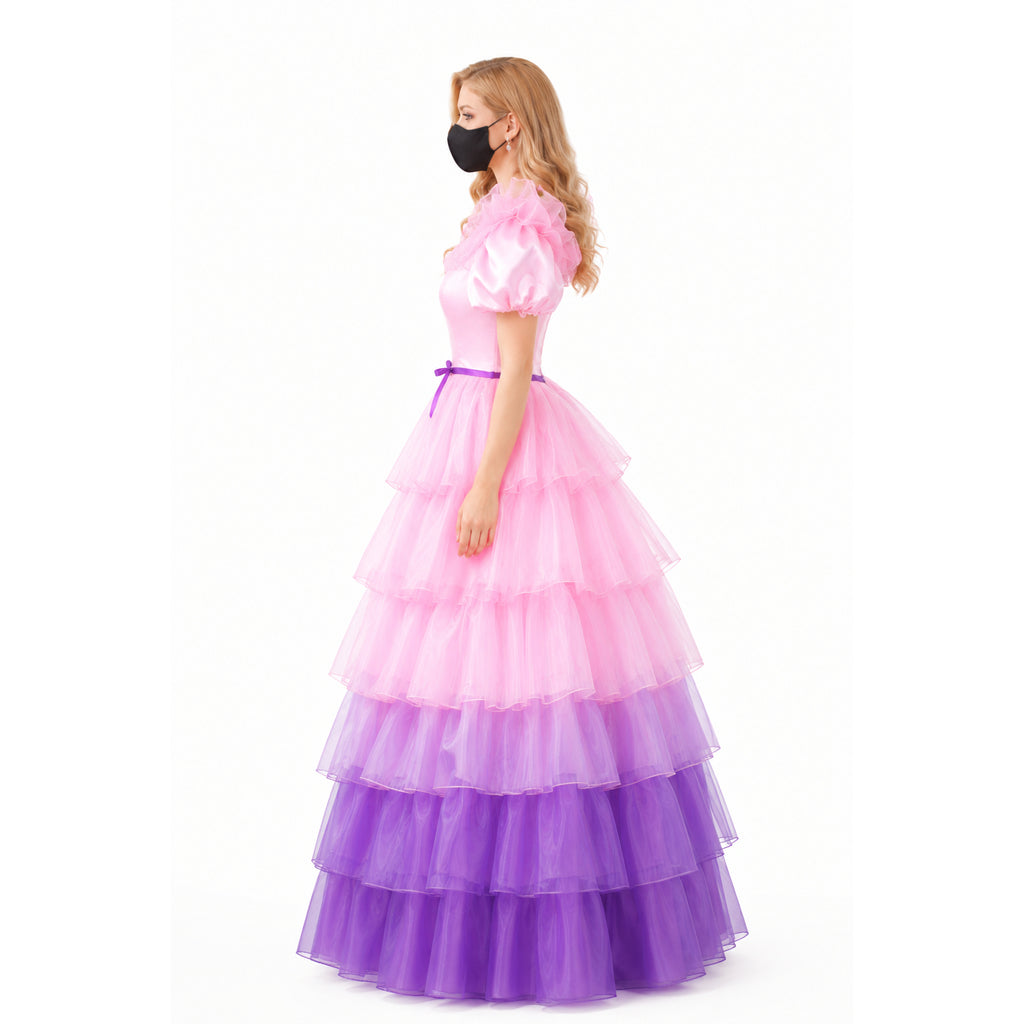 Pink and purple tiered sissy maid dress with ruffled sleeves and waist bow