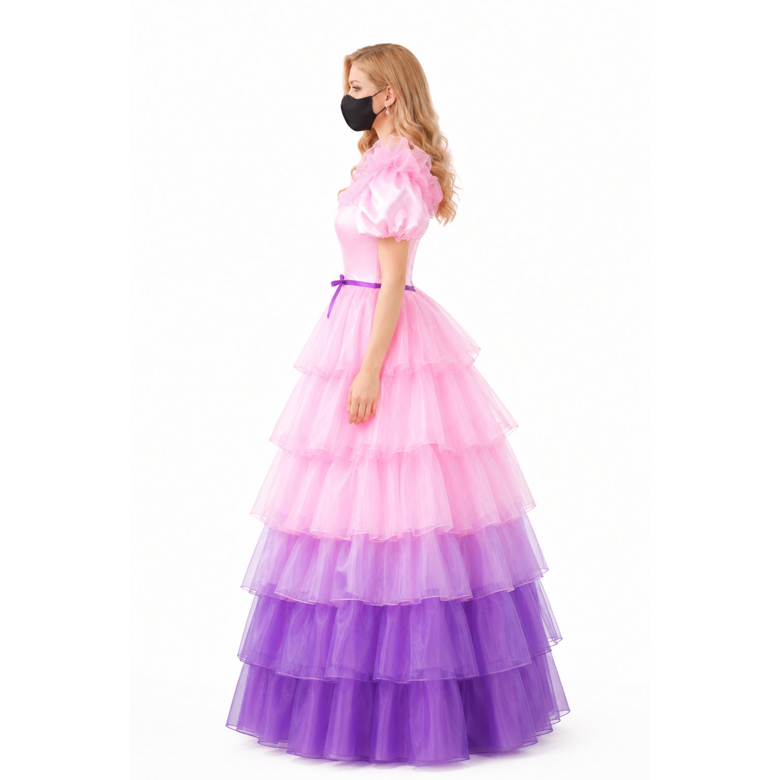 Pink and purple tiered sissy maid dress with ruffled sleeves and waist bow