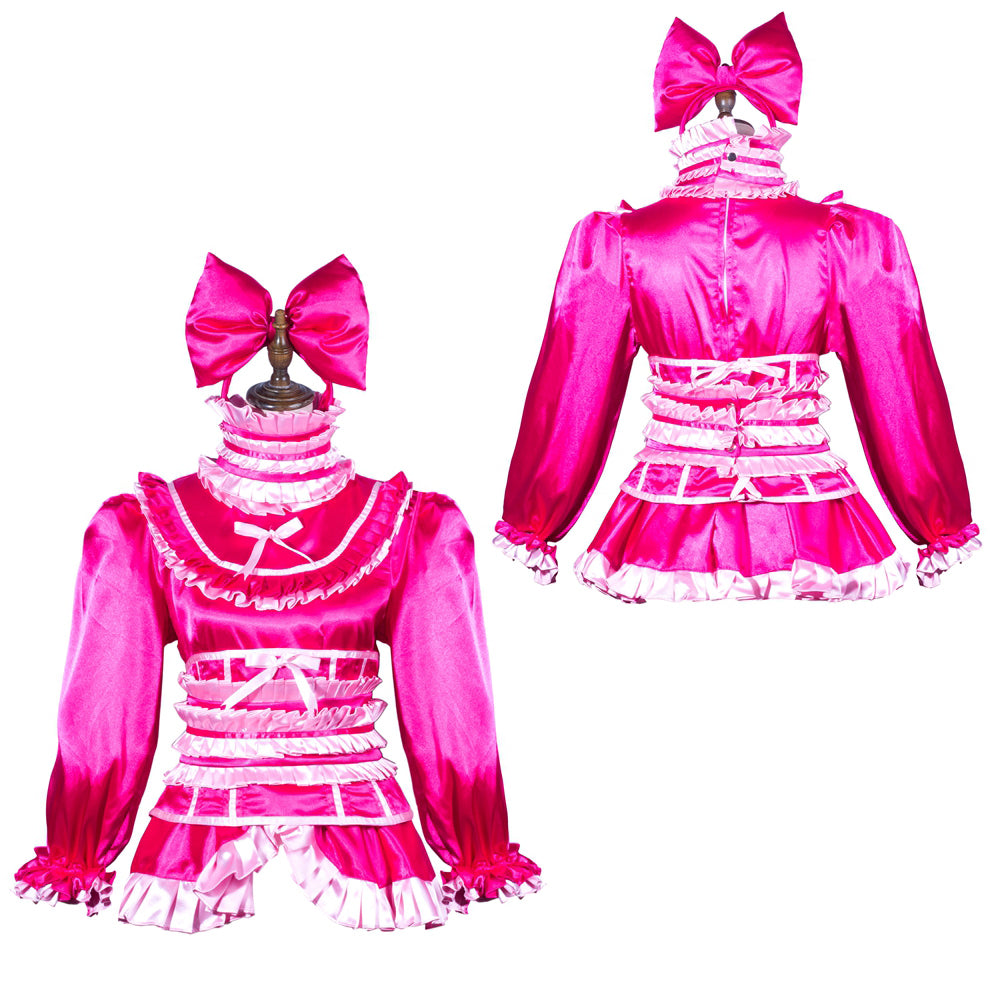 Pink sissy maid dress with ruffles, bow, and satin finish, front and back view