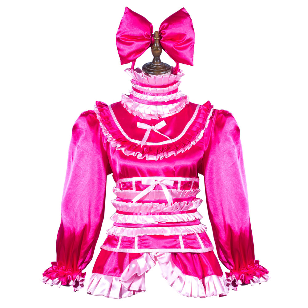 Pink sissy maid dress with ruffles, bow, and satin finish for costume fashion