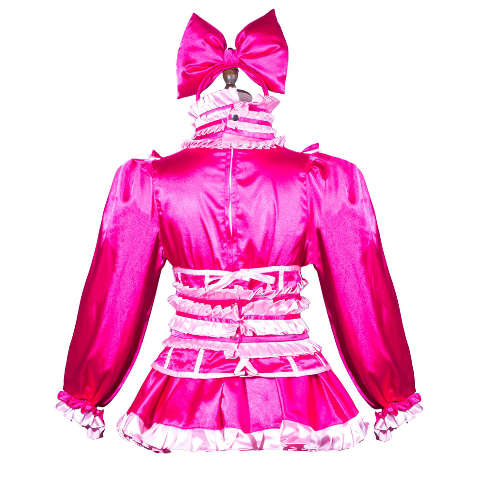 Pink sissy maid dress with ruffles, bow, and satin finish, back view on mannequin