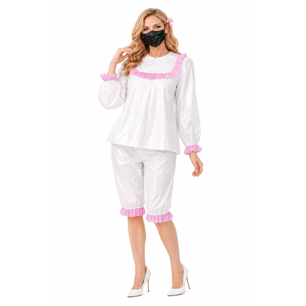 White PVC sissy maid dress set with pink ruffles, long sleeves, and matching shorts, styled with heels and mask