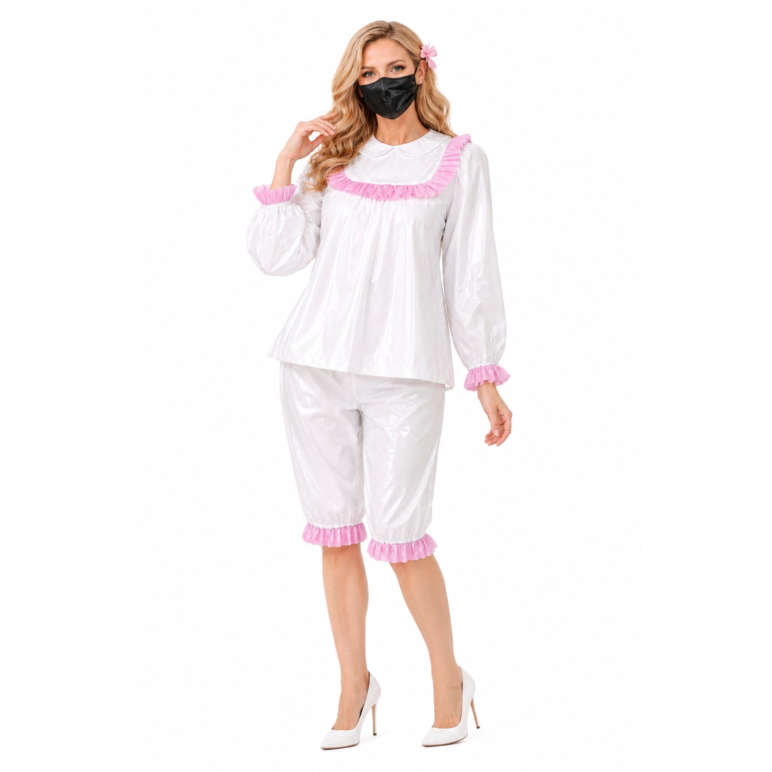White Thin PVC Blouse & Shorts Set G3804
