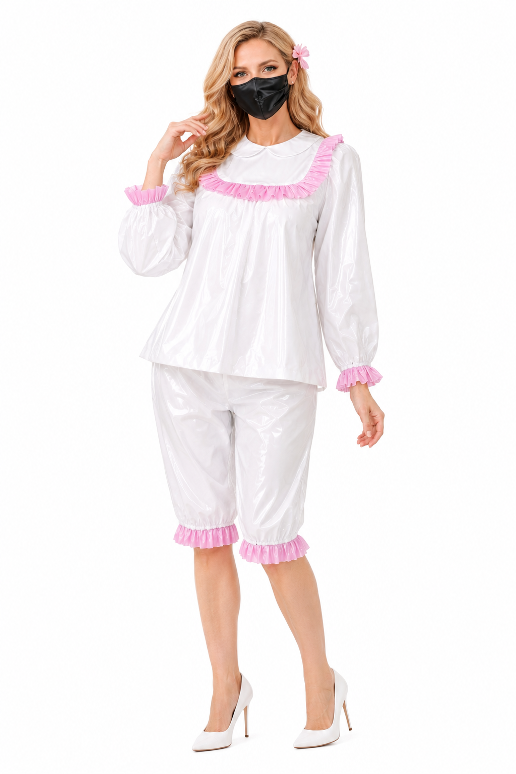 White Thin PVC Blouse & Shorts Set G3804