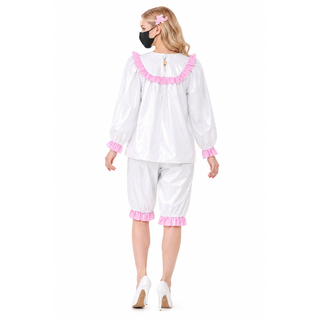 White PVC sissy maid dress set with pink ruffles, back view, featuring blouse, shorts, and high heels