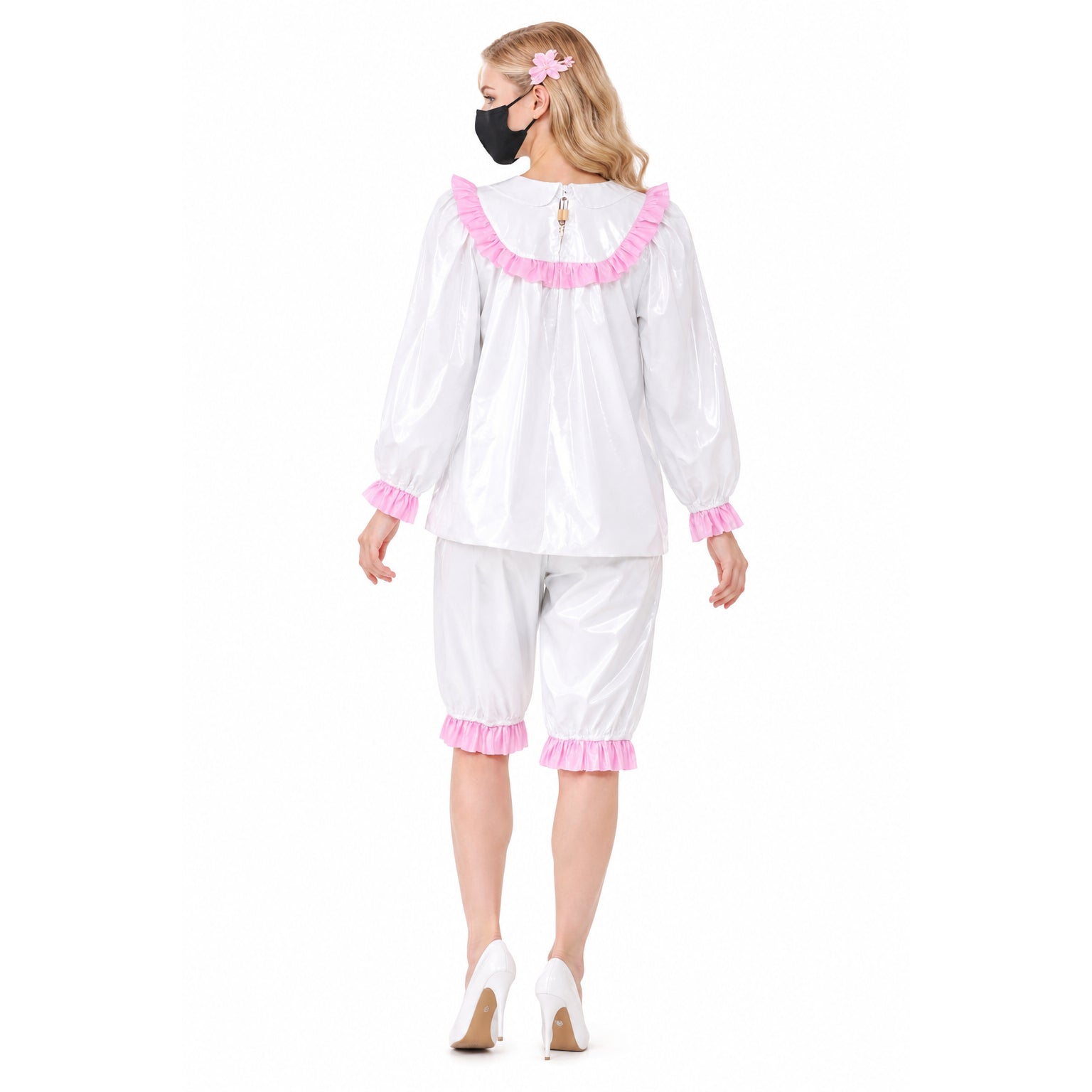 White PVC sissy maid dress set with pink ruffles, back view, featuring blouse, shorts, and high heels