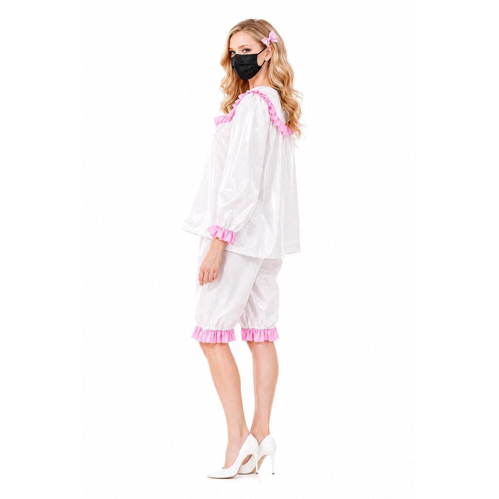 White PVC sissy maid dress set with pink ruffles, matching shorts, and heels