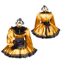 Golden sissy maid dress with black lace trim and bow, shown front and back on mannequin