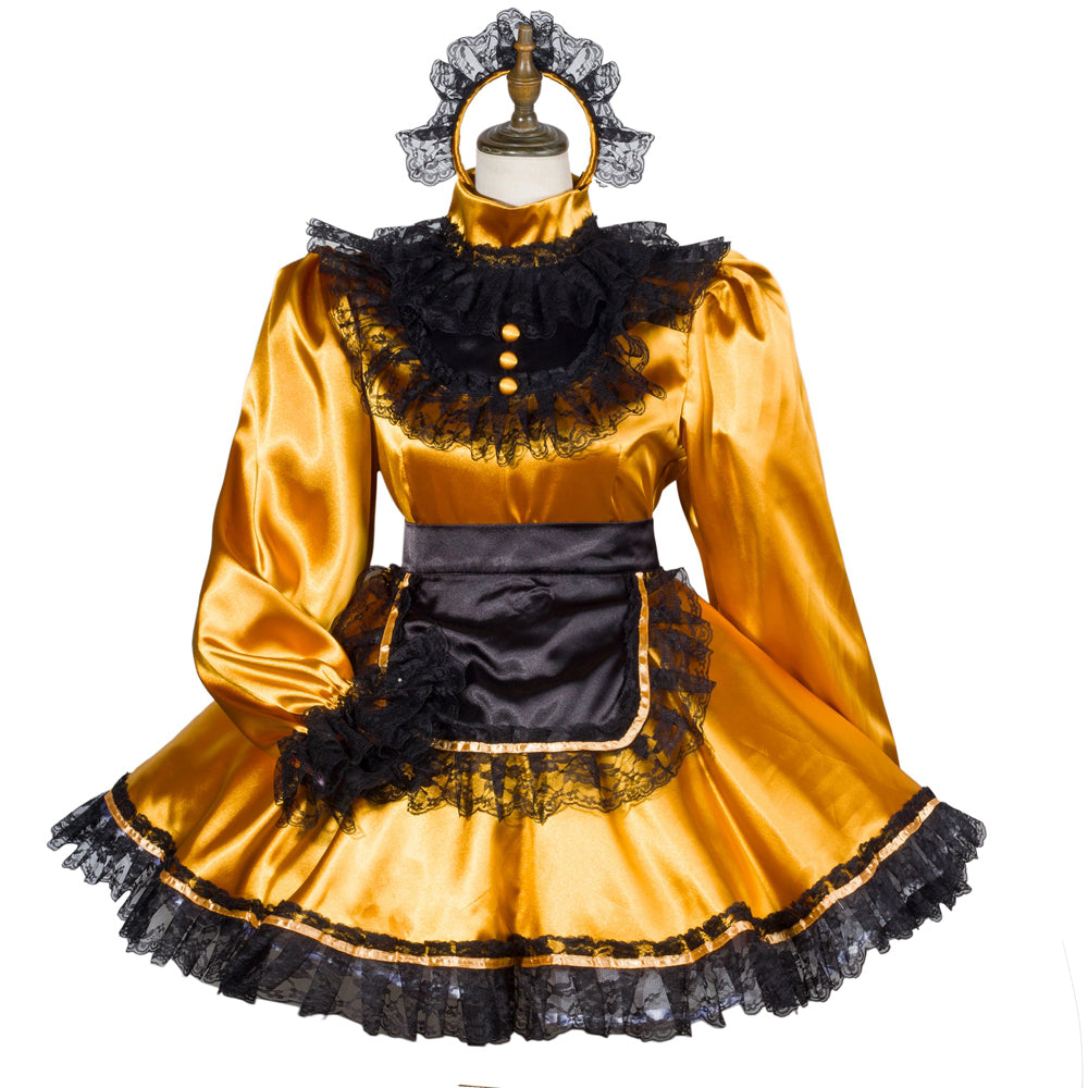 Golden sissy maid dress with black lace trim, satin fabric, and matching headpiece for elegant costume fashion
