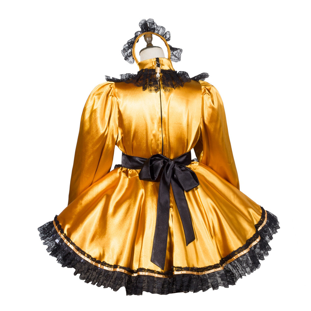 Golden sissy maid dress with black lace trim and bow, elegant satin costume