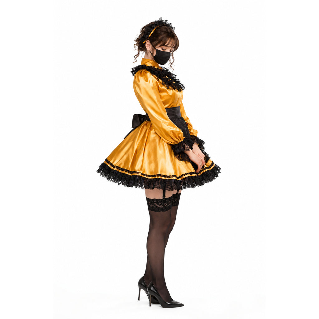 Golden sissy maid dress with black lace trim, satin finish, and matching accessories for elegant costume fashion.