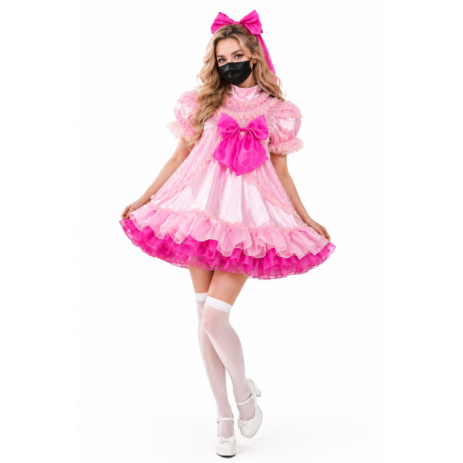 Pink sissy maid dress with ruffles, bow, and matching headband, styled with white stockings and shoes