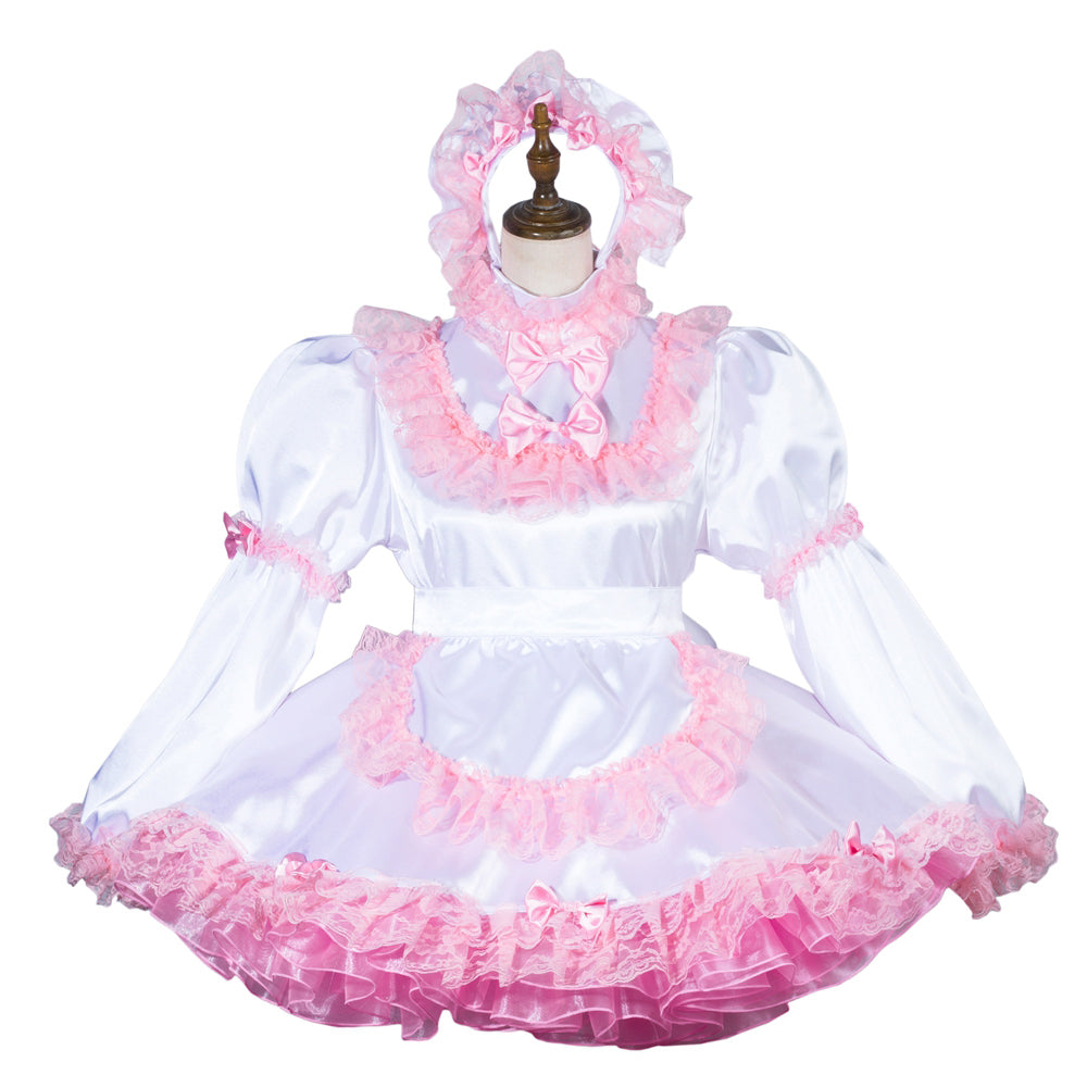 Pink and white sissy maid dress with ruffles, bows, and matching headpiece on mannequin