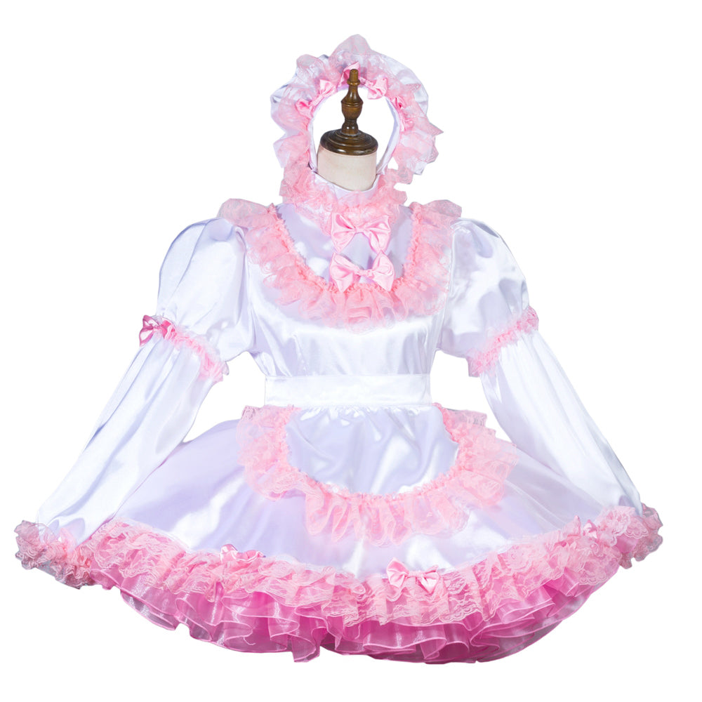 Pink and white sissy maid dress with ruffles, bows, and lace trim on mannequin