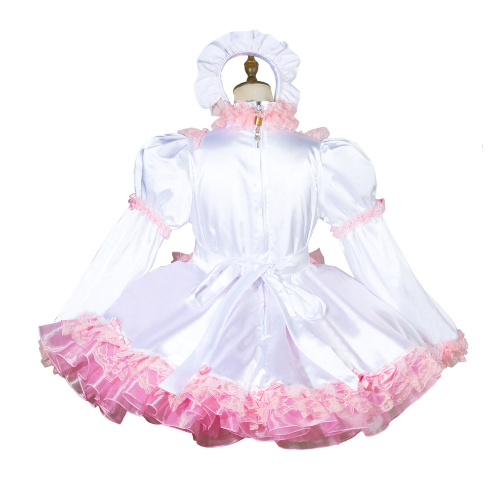 White sissy maid dress with pink lace trim and matching bonnet, featuring puffed sleeves and a satin finish.