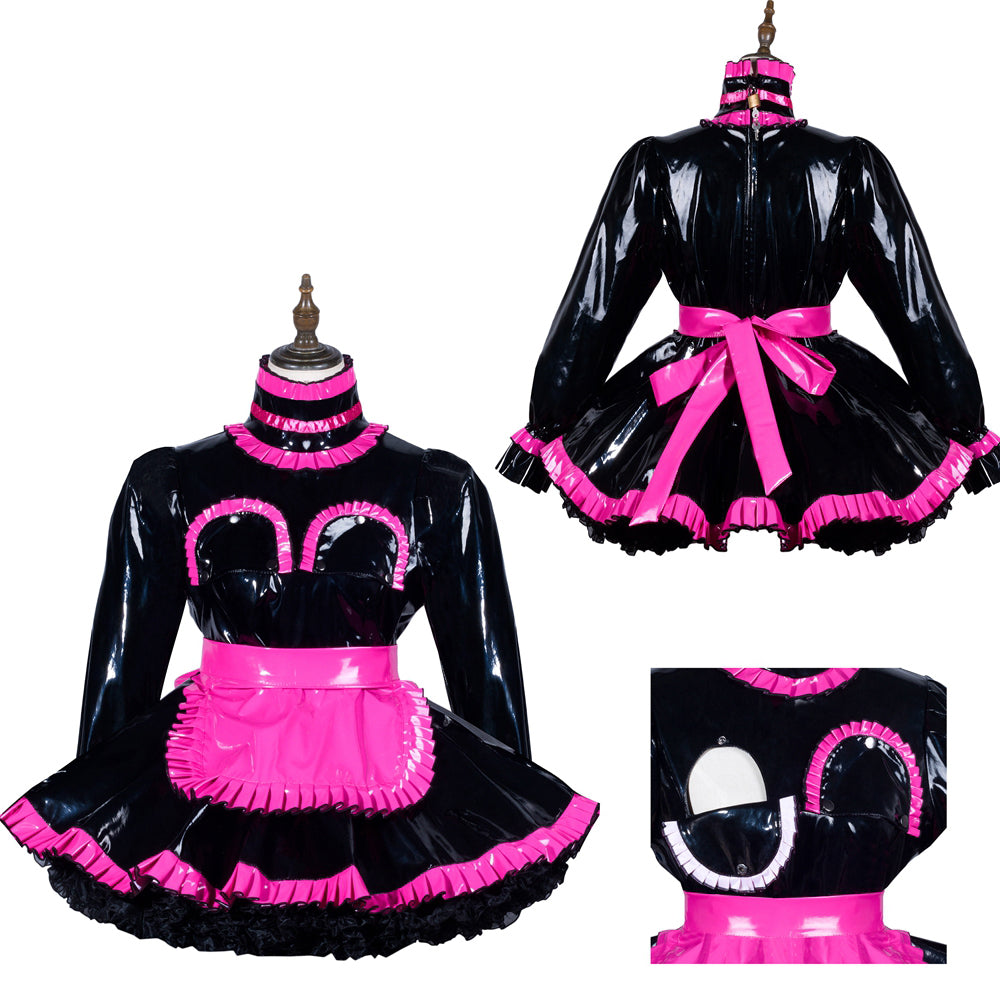Black and pink PVC sissy maid dress with ruffles, bow, and apron detail