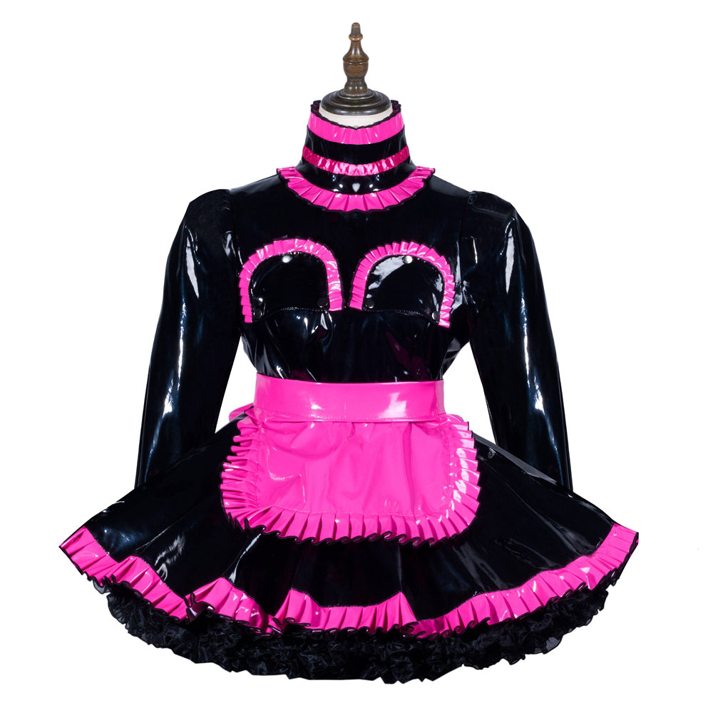 Black and pink sissy maid dress with PVC material, ruffles, and apron detail on mannequin
