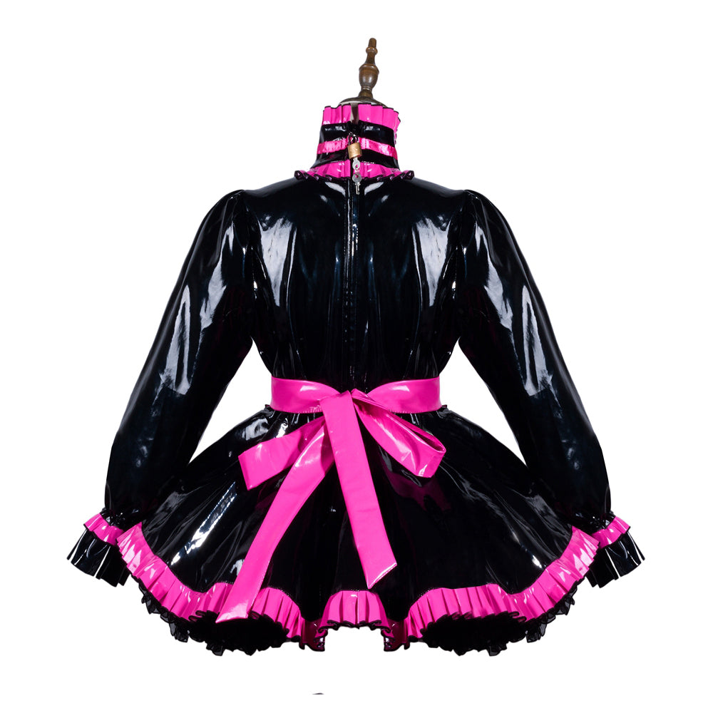 Black and pink PVC sissy maid dress with ruffles and bow, back view on mannequin