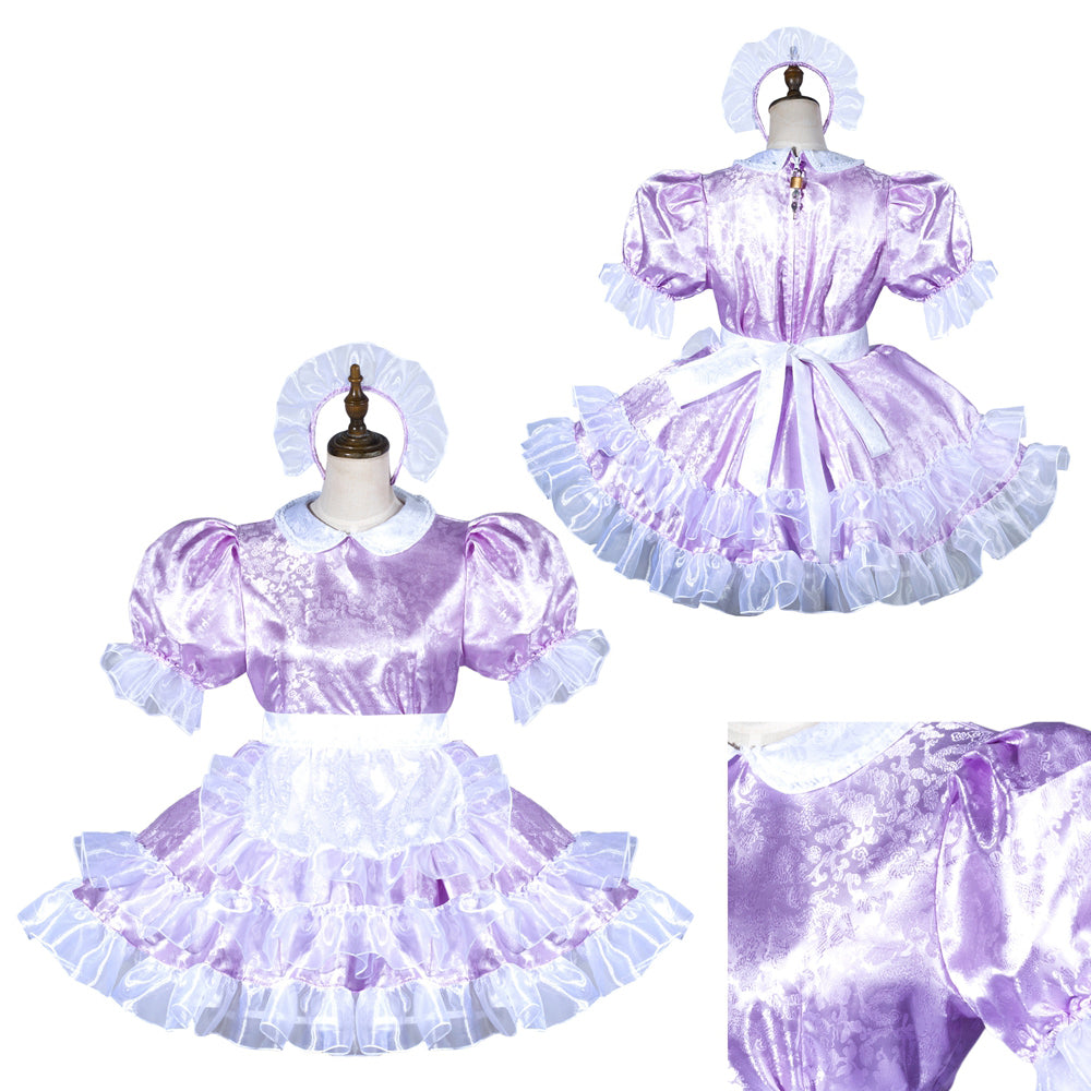 Lavender sissy maid dress with ruffles, puff sleeves, and matching headpiece, featuring satin texture and layered skirt