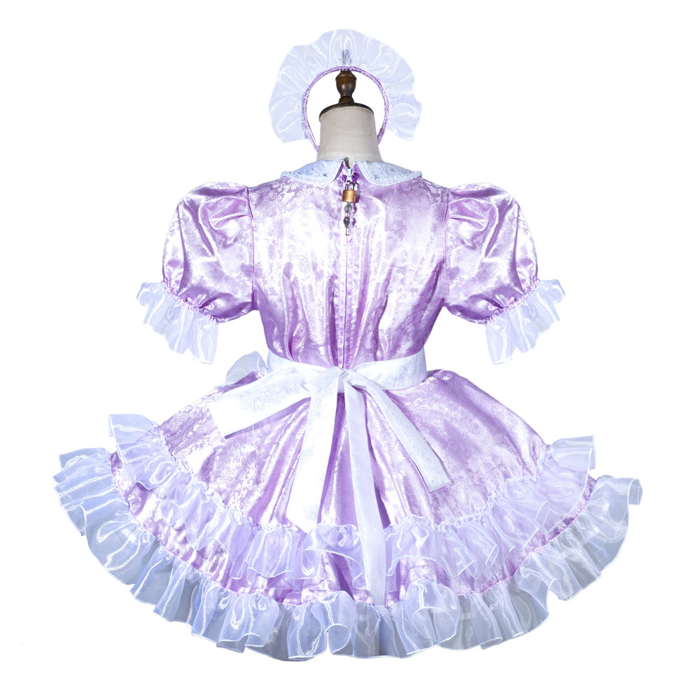 Lavender sissy maid dress with ruffles, white apron, and matching bonnet, displayed on mannequin