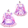 Pink and purple sissy maid dress set with ruffles, satin finish, and matching headpiece on mannequin