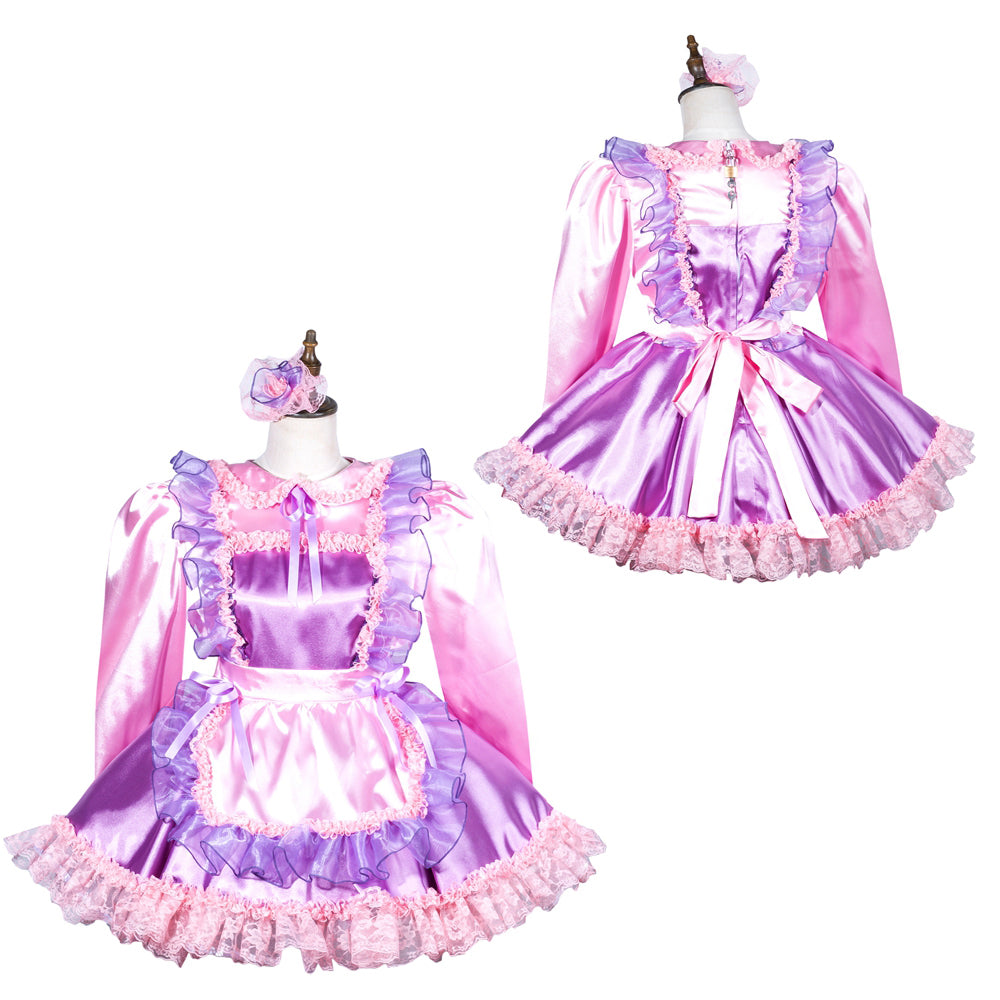 Pink and purple sissy maid dress set with ruffles, satin finish, and matching headpiece on mannequin