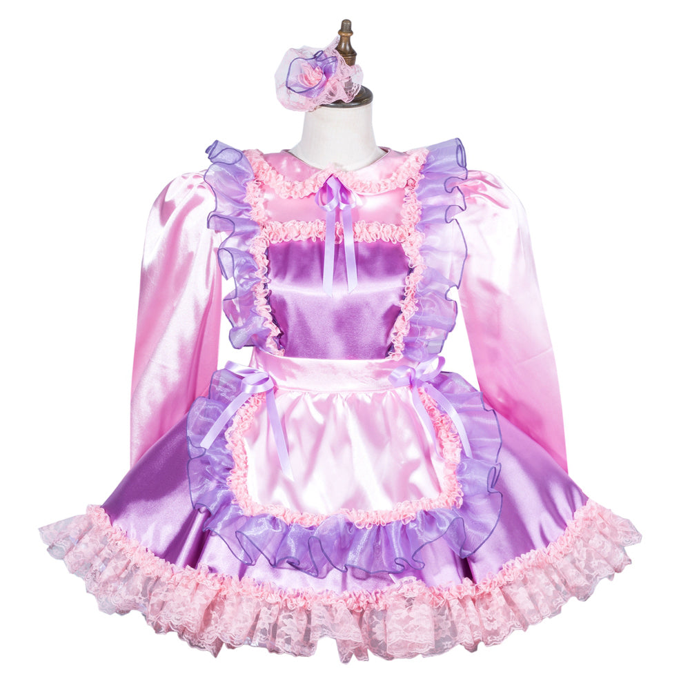 Pink and purple sissy maid dress with ruffles, lace trim, and matching headpiece on mannequin