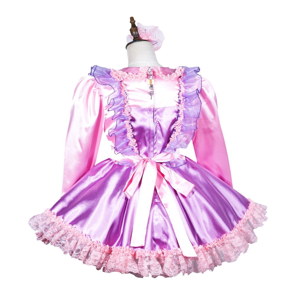Pink and purple sissy maid dress with lace trim and bow, displayed on mannequin