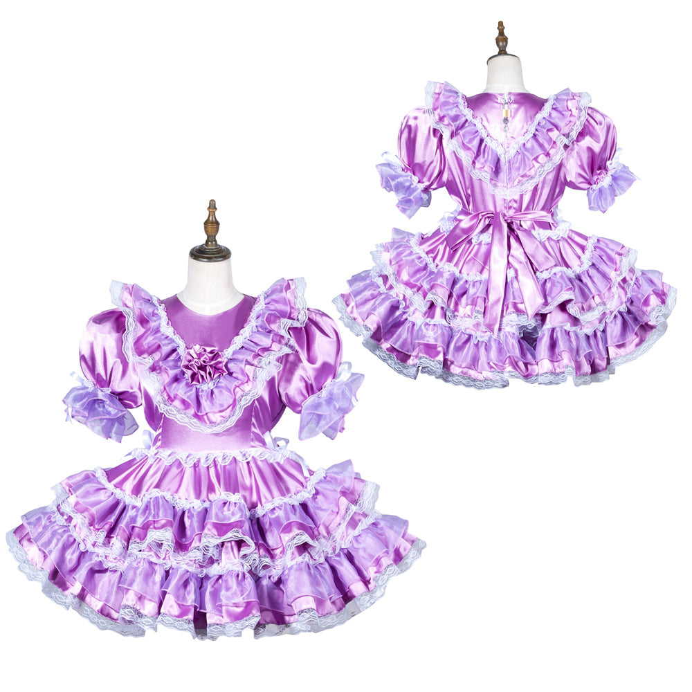 Purple sissy maid dress with ruffles and lace, front and back view on mannequin