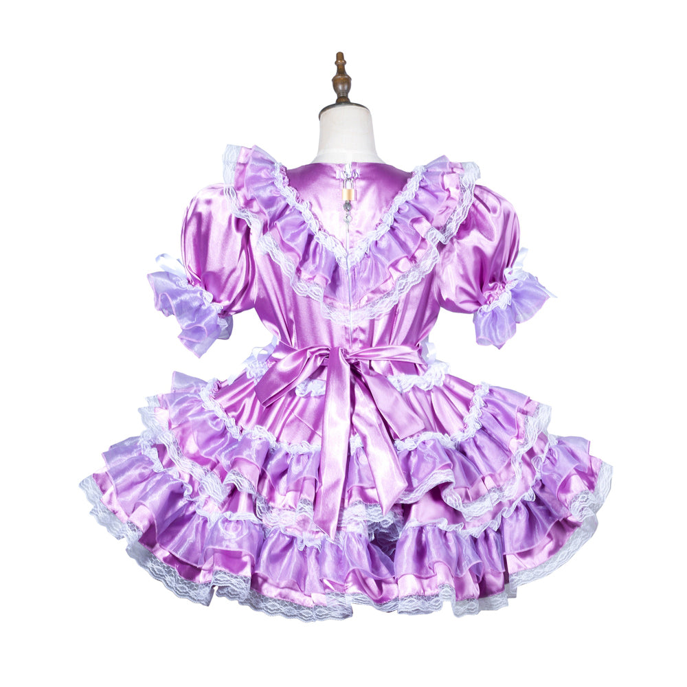 Purple sissy maid dress with lace trim, ruffles, and back bow on mannequin