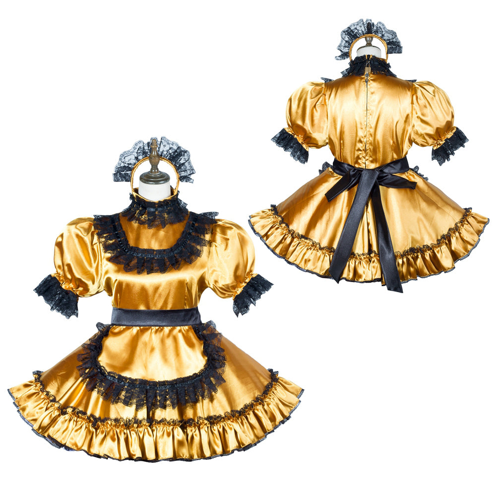 Golden sissy maid dress with black lace trim and satin bow, front and back view