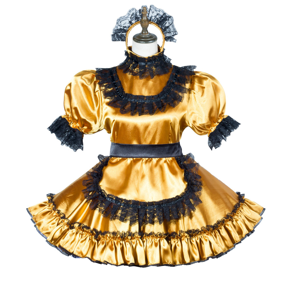 Golden sissy maid dress with black lace trim and matching headpiece, elegant satin costume set