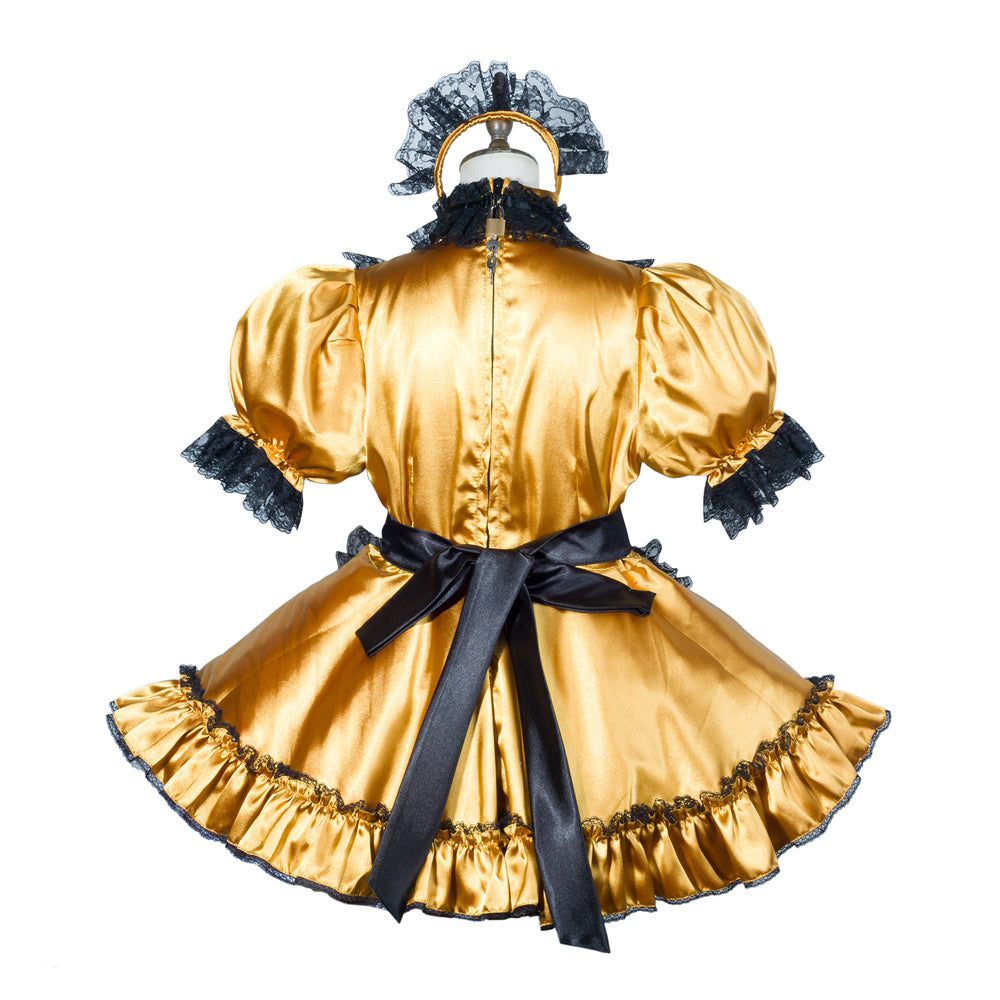 Golden sissy maid dress with black lace trim and satin bow, back view on mannequin