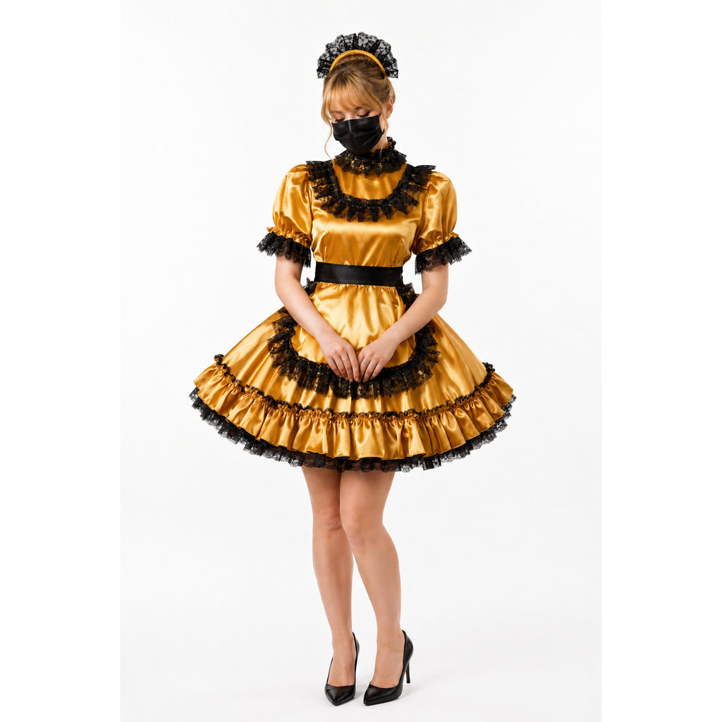 Gold sissy maid dress with black lace trim, ruffles, and matching headpiece for elegant costume fashion.
