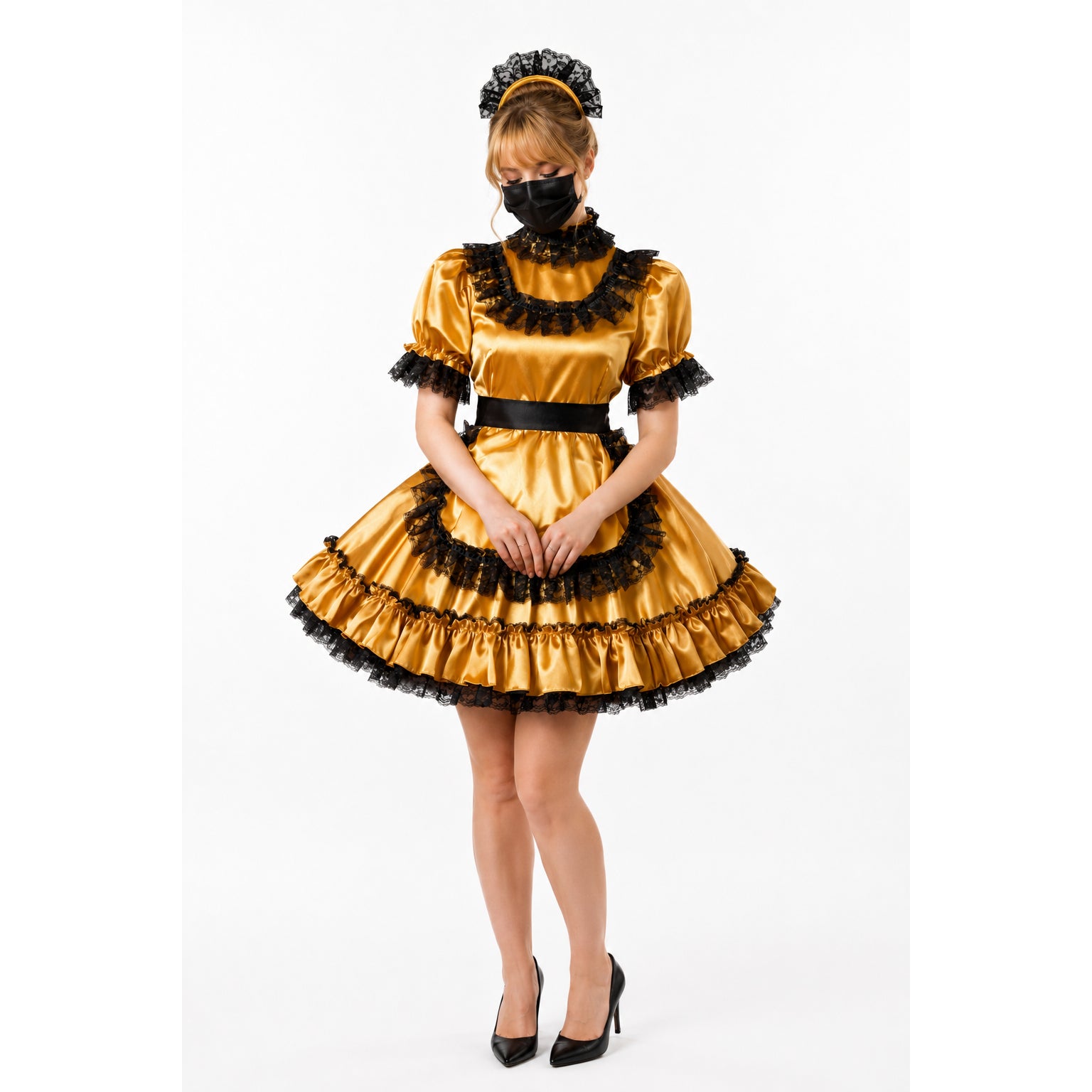 Gold sissy maid dress with black lace trim, ruffles, and matching headpiece for elegant costume fashion.